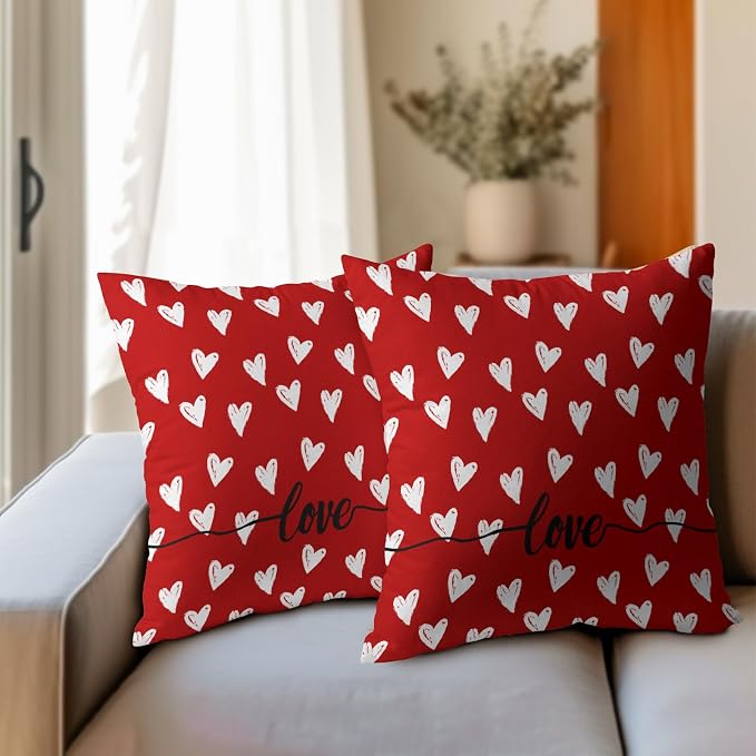 Kawani Valentine's Day Throw Pillow Covers 16x16 Inch Set of 2 Romantic Love Hearts Red Pillowcase Cotton Linen Couch Cushion Case with Hidden Zipper Closure for Wedding Anniversary Decor