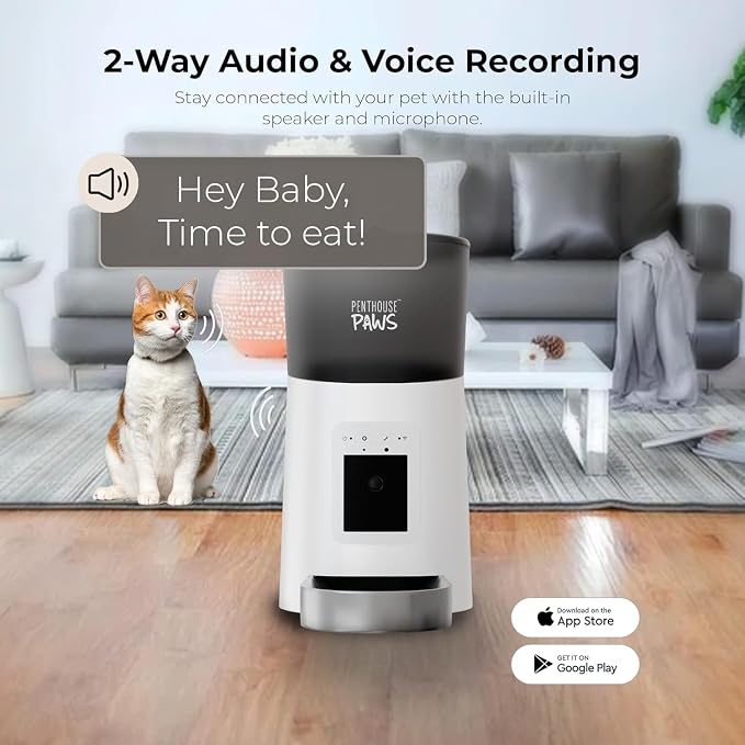 Smart HD Pet Feeder, 6L, White/Stainless Steel | 1080p Camera, 2-Way Audio, Voice Recording, Night Vision, Scheduled Meals, Backup Power, Easy to Clean, Anti-Jam Design