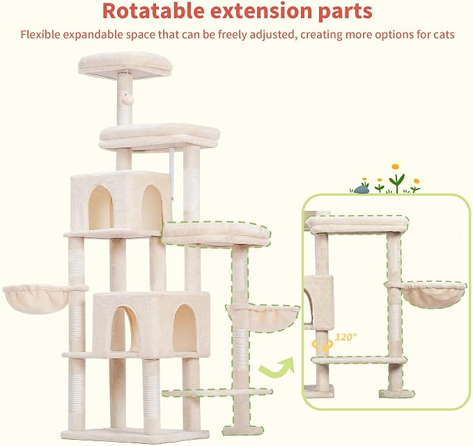 Hey-brother Cat Tree Tower with Stable Extended Base, 3 Platforms, MPJ038M | 70.9 Inches Multi-Level Sisal Scratching Posts, Wide Bed, 2 Cozy Condos, 2 Hammocks, Toy Balls for Indoor Cats, Beige
