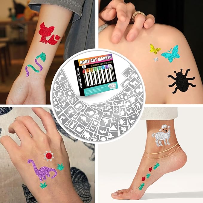Temporary Tattoo Markers for Skin, 8 Metal Body Markers + 169 Shark Dolphin Mermaid Cartoon Animal Tattoo Stencils for Kids Adults, Cosmetic-Grade Tattoo Ink, DIY Body Art Party Favors for Women Men