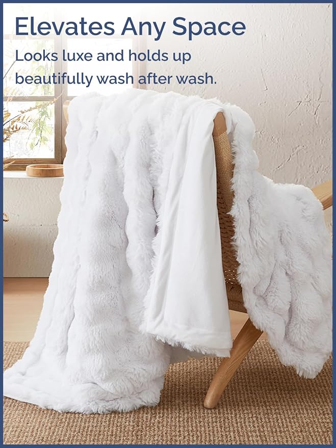 3D Fleece Bubble Blanket Queen Size - Rabbit Blanket - 90" x 90", White | Soft Fluffy Faux Fur Blanket for Couch Sofa & Chair, Cozy Gifts for Women, Tie Dye Cloud Throw Bed Cover, Thick Plush Bedding