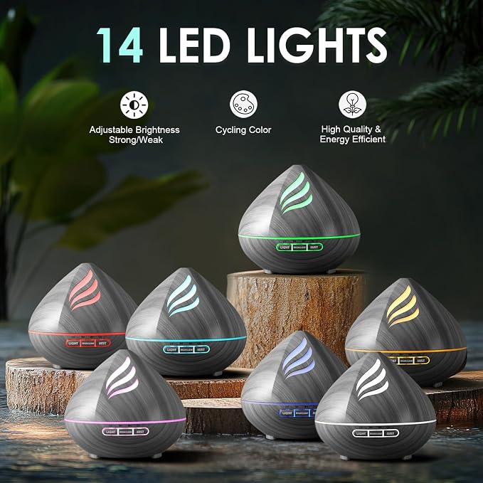 Essential Oil Scent Diffuser: 500ML Aroma Diffuser for Home Bedroom - 14 Colors LED, Remote Control, Ultra-Quiet Cool Mist Scent Diffuser with Timer for Family - Grey
