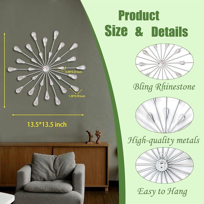 ZEXUIRU 3 Set Silver Starburst Wall Art for Home Decor Metal Bling Crystal Rhinestones Sunburst Wall Decor Sparkling Rhinestone Art Accent Silver - 13in