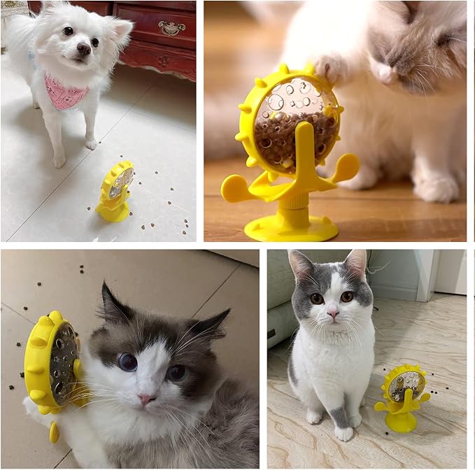 Interactive Cat Food Treats Dispenser Toy for Indoor Cats, 360° Rotating Windmill Suction Cup Toys for Small Pet, Puzzle Original Slow Dog Feeder Snack Distribution & Exercise Wheel Toy (Lake Blue)
