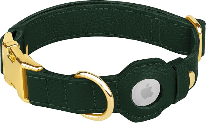 Leather Airtag Dog Collar - Soft Tracking Dog Collar with Apple AirTag Holder and Metal Buckle - Safety GPS Pet Collars for Small Medium Large Dogs Puppy Pink Red (Green, XS, 9"-12" Neck Fit)