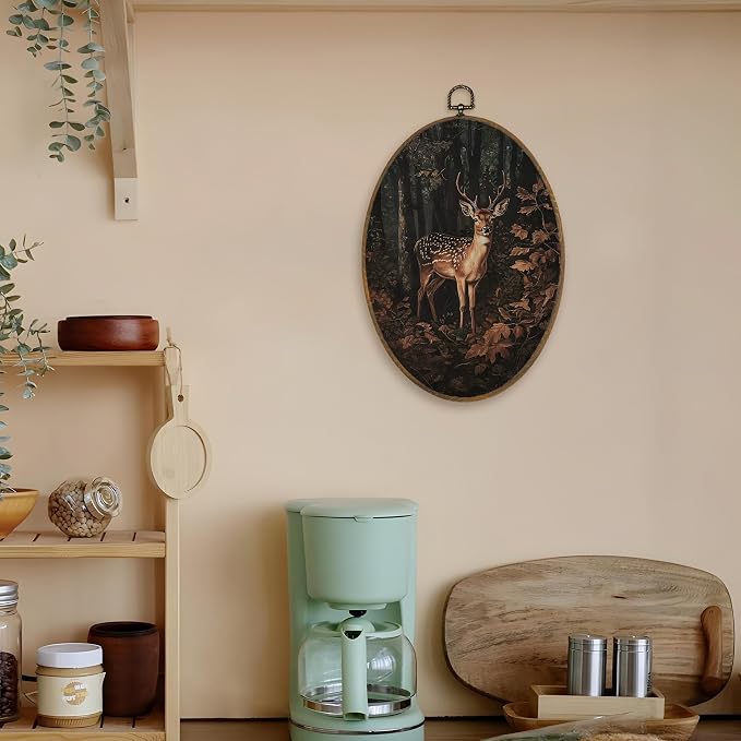 LKETW Vintage Nature Forest Deer Oval Wall Art Decor, Dark Academia Cottagecore Fall Forest Deer Oval Canvas Hanging Decor, Rustic Wild Animal Wall Decorations for Home Bedroom, 8.6x11.4 Inch