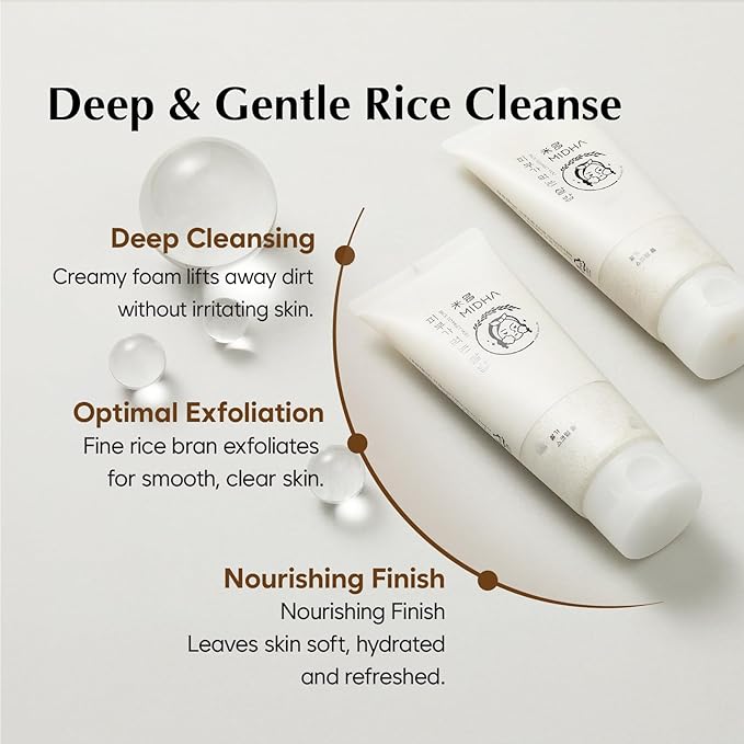 MIDHA RICE BRAN SCRUB FOAM 5.07fl.oz/150ml, Deep Cleansing, Pore-Purifying, Gentle Exfoliating – Soft Micro-Foam Face Wash with Balanced pH & Hydrating, Nourishing Care