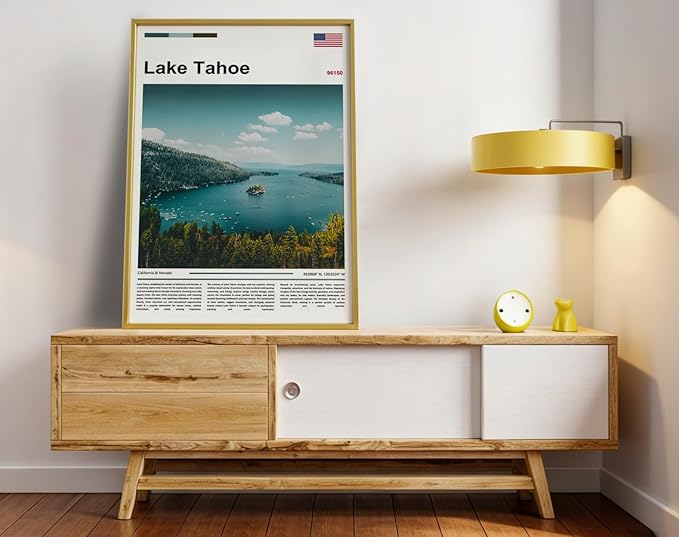 Poster Lake Tahoe Wall Art Original Design(30"x20" Metal Frame) Emerald Bay California Nevada Landscape Print Sierra Nevada Mountains Nature Scenery Alpine Lake View Travel Photography Picture