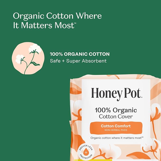 The Honey Pot Company - 56ct - Sanitary Pads for Women - Non-Herbal Heavy Flow Daytime w/Wings - Organic Cotton Cover & Ultra-Absorbent Core - Feminine Care
