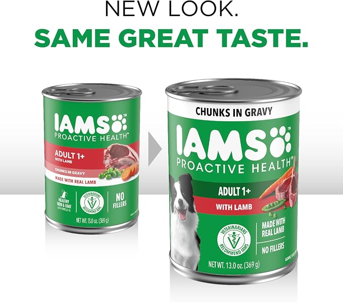 IAMS Proactive Health Chunks in Gravy Wet Dog Food, Lamb, 13 oz, 12 Pack | Real lamb, Omega 6 fatty acids, 100% complete & balanced, no artificial flavors or soy, supports healthy skin & coat, canned