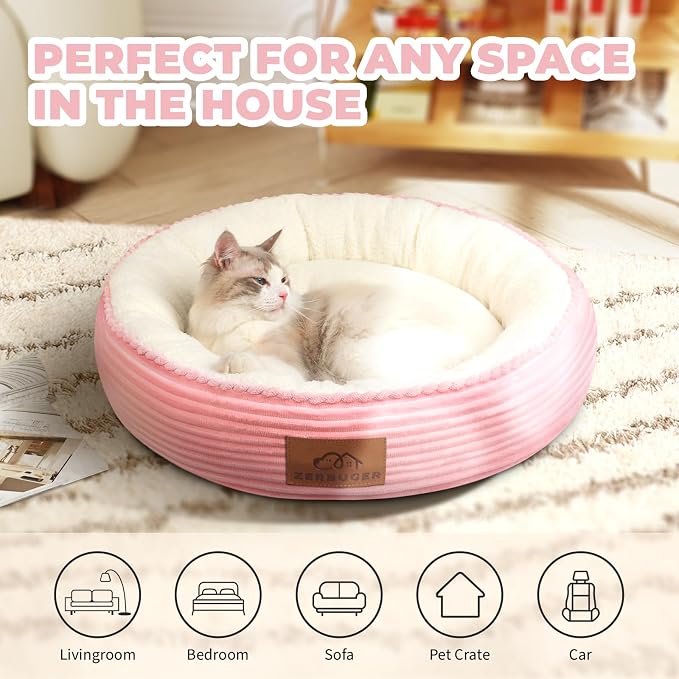 Zerbuger 20in Pink Round Dog Bed Sofa for Dogs Cats, Machine Washable | for Small/Medium/Large Dogs Cats, Foam Pet Couch with Removable Mat Non-Slip Bottom, Pet Cuddler for Indoor/Outdoor/Car/Cage
