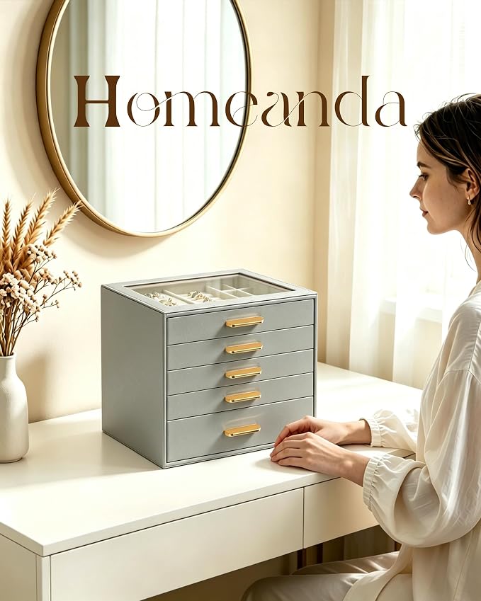 Homeanda Jewelry Boxes Organizer with Glass Lid, 5-Layer PU Leather, Grey | Modern style display case with 5 drawers for daily jewelry, women, mom or girl gift