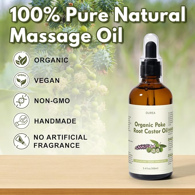 Poke Root Castor Oil Organic - 3.4 Fl Oz (100ML) - Lymphatic Support Massage Liquid, Natural Deep Tissue Relief Drops for Boils, Fibroids, Cysts, Swollen Lymph Nodes, Breast & Joint Health