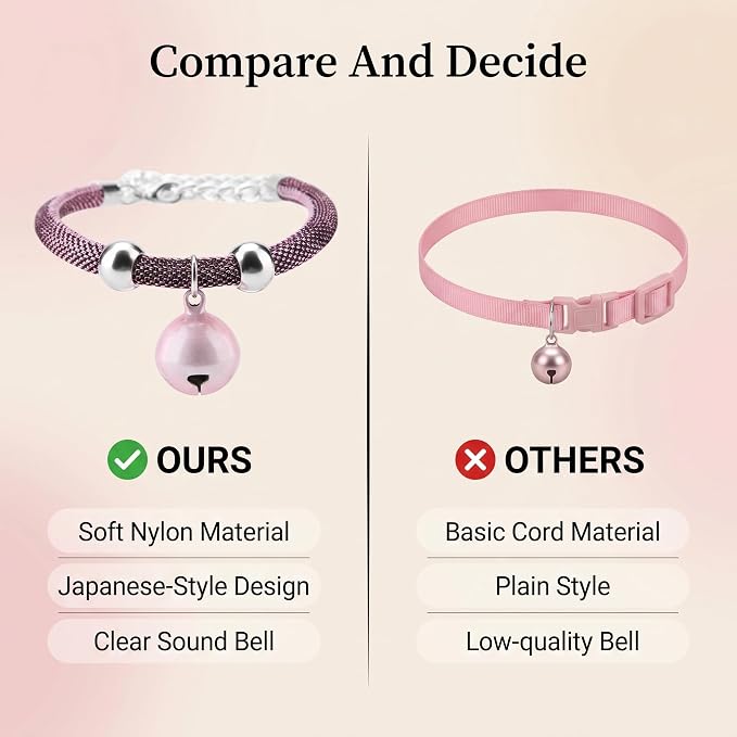 Japanese Pets Cat Collar, Adjustable Kitty Kitten Necktie Nylon Necklace Grooming Accessories Pet Supplies with Bell Extension Chain for Wedding Party Birthdays Photoshot (Pink)