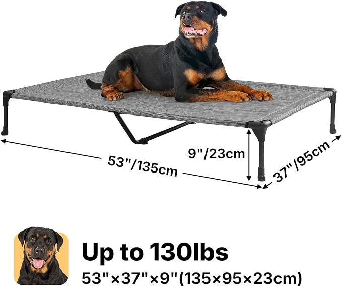 Veehoo Outdoor Elevated Dog Bed Large Sized Dogs, Cooling Raised Dog Cots | Off-ground training platform, portable camping hammock, breathable mesh, easy to clean, no-tool setup, 53"x37", Black Silver