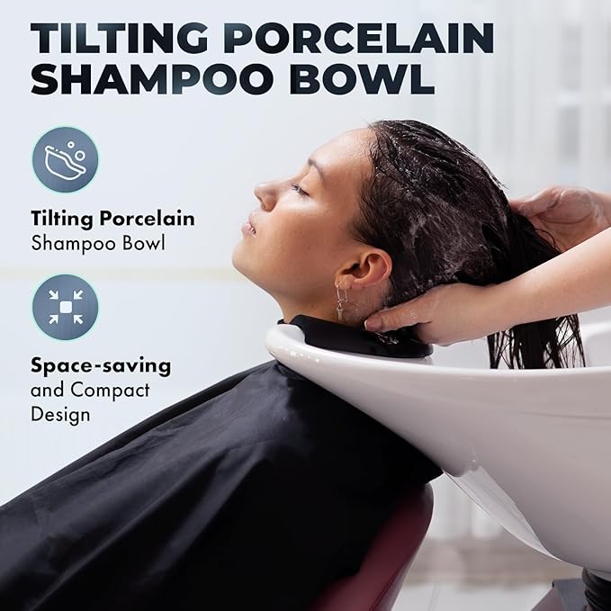 Buy-Rite Paris Pedestal Shampoo Unit with Black Metal Base with Tilting Porcelain Shampoo Bowl, Easy Access Rear Plumbing Door, NIN-030BLACKBASE-WHT (White Bowl)
