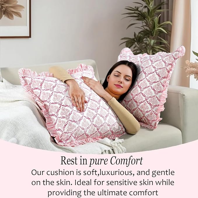 CPC Blush Rose Hand Block Print 100% Cotton Ruffle Throw Pillow Cover 20x20 inch with Hidden Zipper Decorative for Couch, Bed, Sofa, Farmhouse, Cottagecore Decor Gift Christmas Fall Thanksgiving