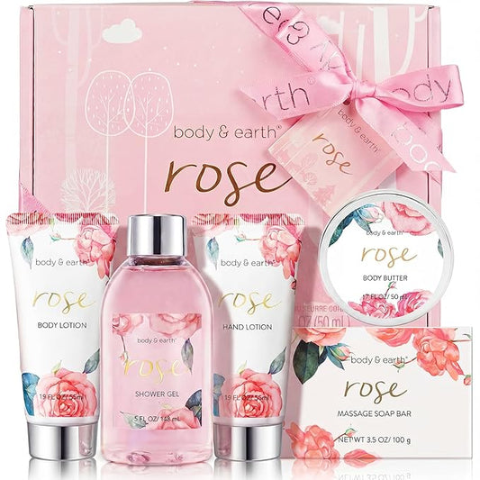 BODY & EARTH Spa Gift Set for Women - Luxurious 5 Pcs Bath and Body Box, Rose Scent, Includes Body Wash, Body Butter, Body Lotion and More, Birthday Mothers Day Gifts for Mom Self Care Kit for Her