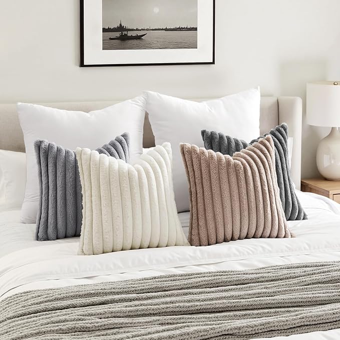MIULEE Faux Fur Plush Decorative Throw Pillow Covers 20x20, Grey Taupe | Set of 4, Striped, Soft Boho Farmhouse Vintage, Rustic Cozy Home Decor, Cushion Cases for Sofa Couch Bed Living Room