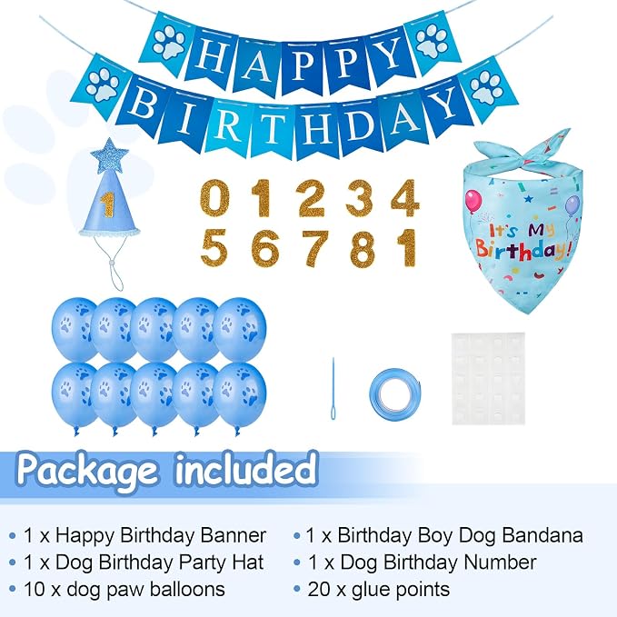 Dog Birthday Party Supplies, Dog Birthday Bandana Set, Blue