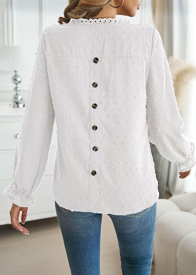 Womens Boho Tops Long Sleeve Shirts For Women Cute Crewneck Blouse Dressy Casual Swiss Dot Crochet Hollow Top 2026