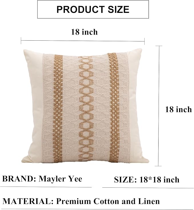 Throw Pillow Covers 18 x 18 Inch 1PC for Farmhouse Living Room, Cotton & Burlap Textured Striped Woven Boho Pillow Covers (Beige & Brown, Triple Striped)