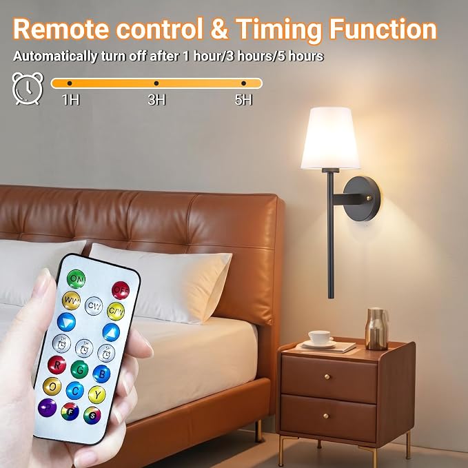 Nekhung Battery Operated Wall Sconce, Peel and Stick Sconces Set of 2 | Wireless Adhesive Stick On Wall Sconce, 10000mAh Rechargeable RGB Bulb with Remote, No Drill Wall Light for Bedroom Decor