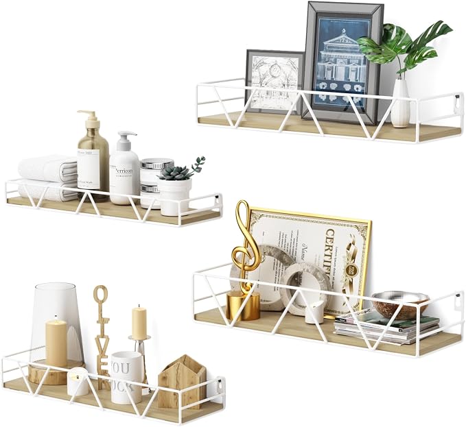 Floating Shelves Set of 4, Wood Wall Shelf, Farmhouse Shelf for Bedroom | Wall Mounted Floating Shelf for Living Room, Bedroom, Bathroom, Kitchen, Office