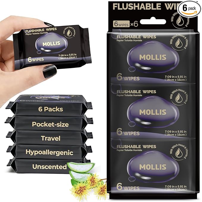 MOLLIS Flushable Travel Wipes with Witch Hazel & Vitamin E, Unscented & Alcohol-Free, Pocket Size Mini Packs, 100% Plant-Based, Safe for Sensitive Skin, 6 Packs (36 Wipes Total)