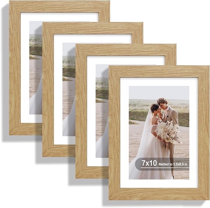 Hongkee 7x10 Picture Frame Set of 4, Made of Real Glass and Natural Oak Frame - Display 5.5 x 8.5 Diploma Frame with Mat or 7x10 Without Mat, 7 by 10 Photo for Wall or Tabletop
