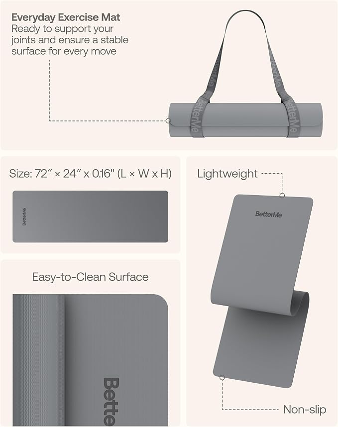 BetterMe Yoga Mat - Non-Slip Exercise Mat for Women - Cushioned Pilates Mat for Home Workouts, Stretching & Hot Yoga - Portable Fitness Mat with Strap