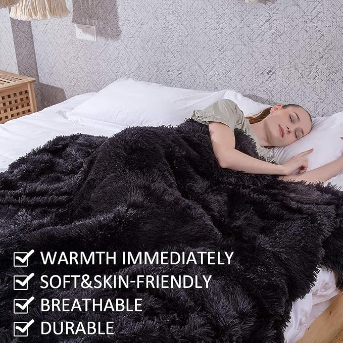 YUSOKI Long Faux Fur Twin Size Blanket, Black, 60" x 80" | Ultra Soft, Lightweight for All Season Use, stays fluffy after repeated washes, Perfect Gifts, Machine Washable