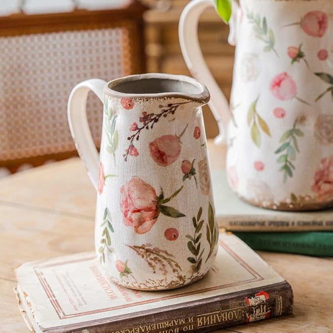 Vintage Fruit and Floral Ceramic Vase with Handle, Retro Ice Glazed Crack Farmhouse Pitcher Vase for Home Decor, Living Room, Shelf, Office, Rustic Table Centerpiece 7 Inch