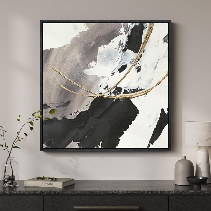 Framed Modern Black and White Abstract Wall Art, Square Contemporary Canvas Prints Artwork for Walls, Minimalist Gold Line Pictures for Bedroom Dining Room Lounge Living Room Office Wall Decor 24x24 In