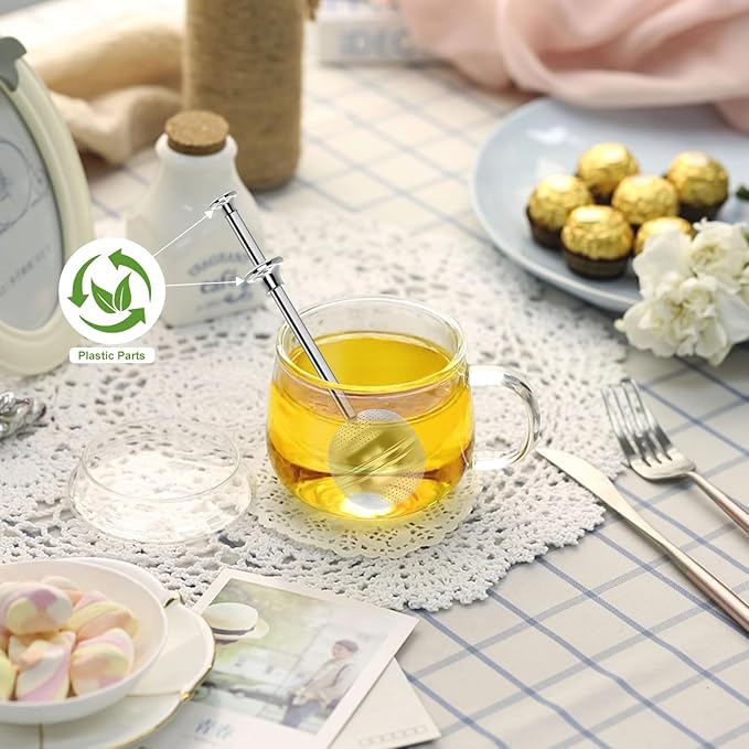 2Pcs Long Handle Tea Ball, One Handed Pressing Operation, Easy to Use | Fine Mesh Holes, Stainless Steel Ball, No Tea Residue, For Cup and Teapot, Tea Lover Gift, Free Clean Brush