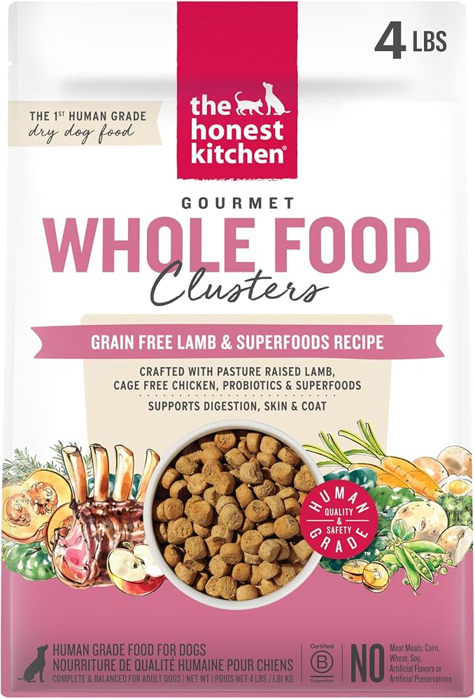 The Honest Kitchen Grain Free Lamb & Superfoods Gourmet Whole Food Clusters, Human Grade Dry Dog Food for Adult Dogs, Vet-Recommended Nutritional Support for Skin, Coat & Digestion, 4 lb Bag