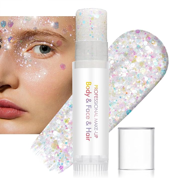 3PCS Body Glitter Stick,Face Hair Glitter Makeup,Music Festival Concert Outfit Rave Pride Accessories for Women,Mermaid Sequins Chunky Glitter Face Paint,Hair Glitter Gel for Kids