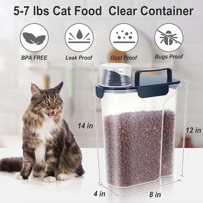 Dog Cat Food Storage Container with Cup (Ink Blue, 5L)