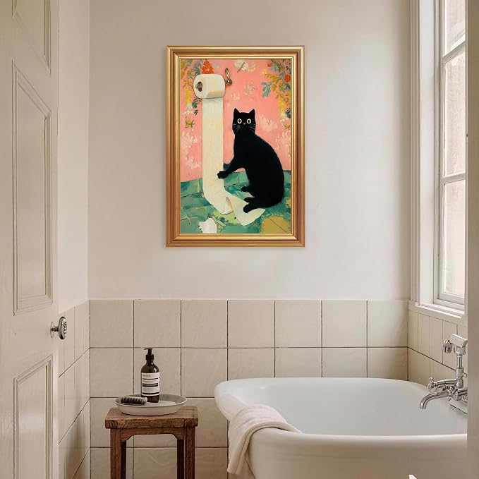 ICHZUMW Gold Framed Funny Black Cat Toilet Paper Canvas Wall Art, 16x24 In | Quirky Cat Print Humorous Pink Bathroom Wall Decor, Restroom Powder Room Guest Toilet, Fade Resistant, Ready to Hang