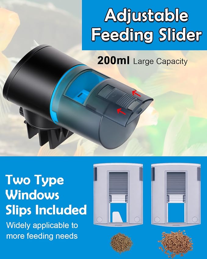 Automatic Fish Feeder for Aquarium Easy Setup & 4 Timers Blue | 200ML Rechargeable Auto Food Dispenser for Flakes & Pellets, LCD Display, Vacation Feeding for Small Tank Betta Koi Turtle