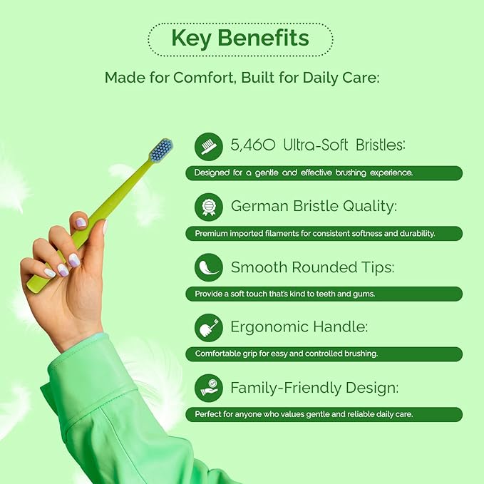 Ved ProCura Ultra Soft Toothbrush – Gentle Manual Toothbrush for Adults with 5,460 Super Soft Bristles for Sensitive Teeth and Gums (Green)