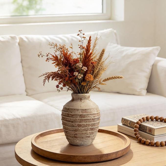 DOWAN Ceramic Flower Vase, Decorative Pampas Vase for Home Decor, Modern Farmhouse Pottery Vase for Living Room Table Kitchen Bedroom Coffee Desk Entryway Mantel Book Shelf (Brown, 6.6 INCH)