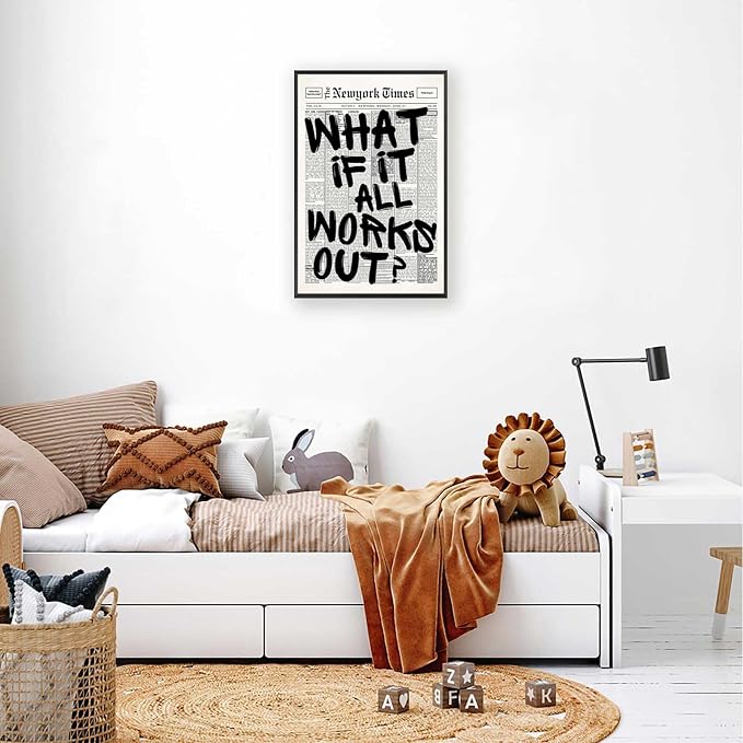 Retro Black And White Newspaper Poster What If It All Works Out Canvas Wall Art Positive Affirming Quote Minimalist Prints Painting For Home Bedroom Dorm Wall Decor 8x12in Framed