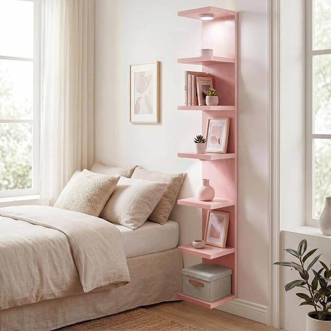 Fixwal 7 Tier Wall Shelf with LED Lights Lack Shelf for Room Deocr (Pink) | 76.8in Tall, Holds 44Lbs Total, Flexible Section Installation, Fits Any Room Decor