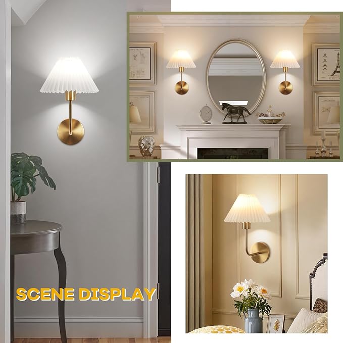 Wireless Wall Sconce Sets of 2, Pleated Shades Rechargeable Battery Operated Wall Sconce, Retro Industrial Gold Wall Lights Bathroom Vanity Sconces, Wall Mounted Lamps for Bedroom Living Room Kitchen