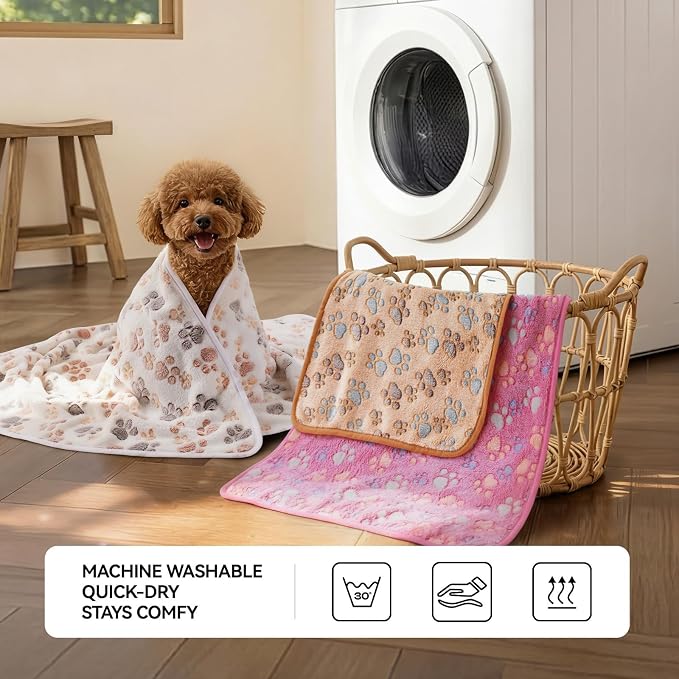 LINENLUX Dog Blankets 4-Pack, Super Soft Fluffy Fleece Pet Throw Warm | Premium flannel fleece pet throw for cats, puppies. Cozy warm for bed, crate, or couch naps; Dog Paw-4pcs 40x31 inch