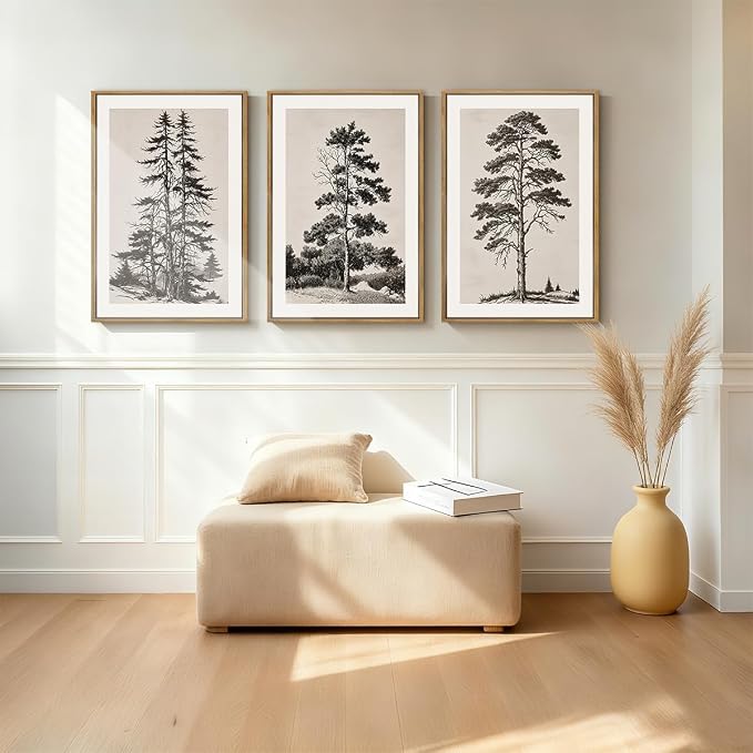 ANHUIB Vintage Tree Sketch Framed Canvas Wall Art 16x24 Inch Neutral Wilderness Forest Paintings Retro Botanical Wall Decor Set of 3 Black and White Landscape Prints for Living Room Bedroom Office