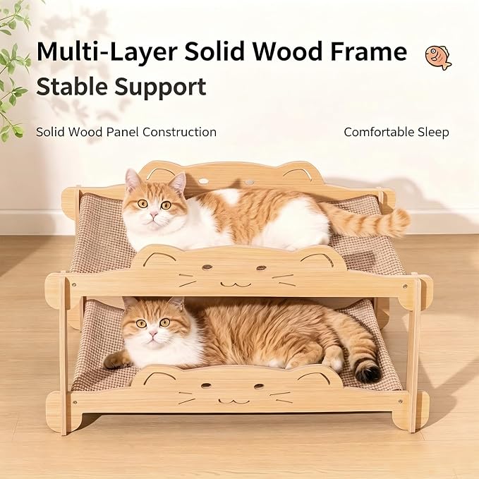 2-Tier Solid Wood Cat Scratcher Bed - Heavy Duty Cat Bunk Bed & Elevated Sisal Hammock for Indoor Cats, Sturdy Anti-Tipping Cat Furniture, Fits Large Cats up to 30+ lbs