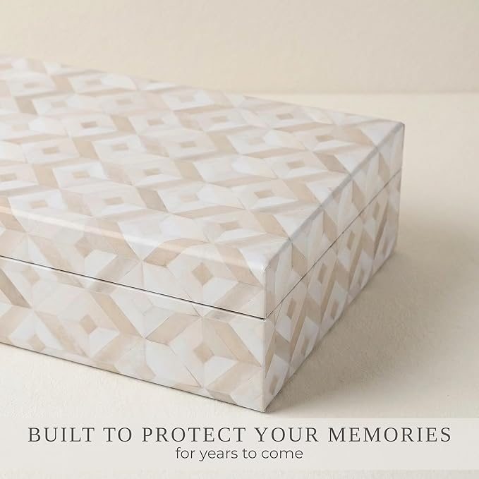 Decorative Storage Boxes with Lids - Set of 2 Organizer Bins for Bookshelf | Beautiful Home Decor - Safely Store Photos, Documents and Memory Box Keepsakes on Your Shelves in Style
