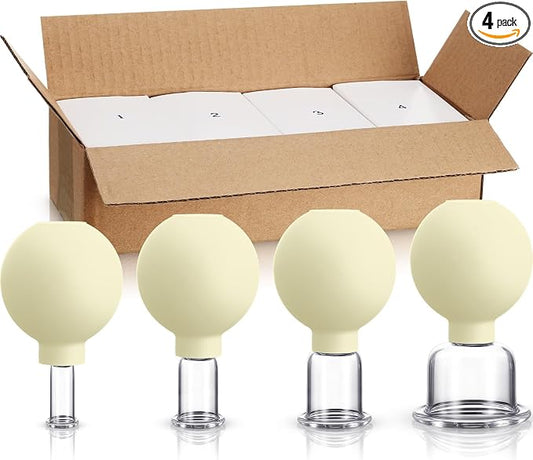 BBTO 4 Pcs Glass Facial Cupping Set Silicone Vacuum Suction Massage Cups Skin Tightening Therapy for Face Body Eyes Back Shoulder Pain(Yellow)